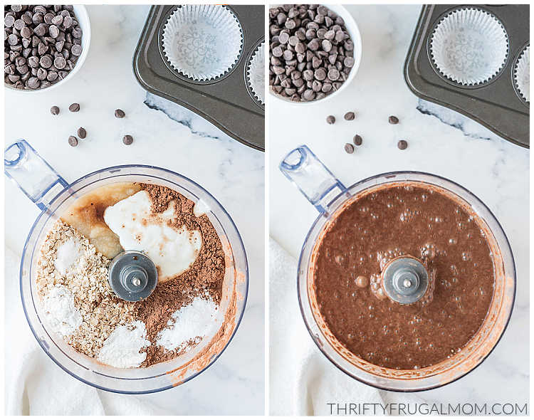 two image collage showing the muffin ingredients in the blender then again after it has been blended