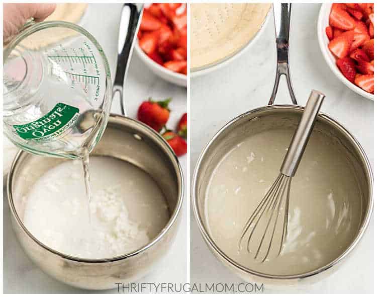 two image collage showing the sugar mixture for the pie filling being made on the stovetop in a saucepan with a whisk next to a bowl of sliced strawberries