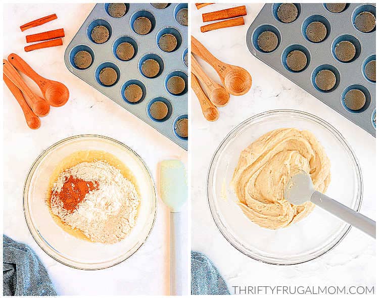 two image collage with muffin ingredients being mixed together next to a muffin tin
