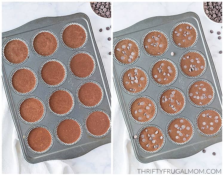 two image collage showing chocolate muffin batter in the cups then with chocolate chips on top