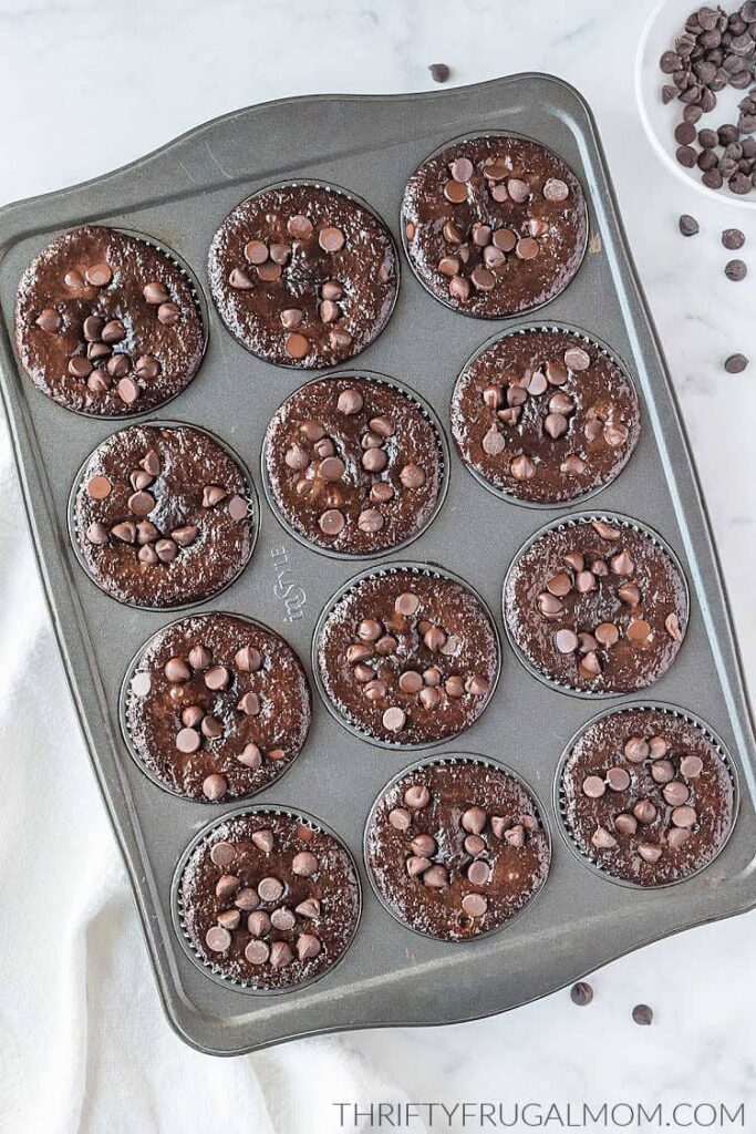 double chocolate muffins topped with extra chocolate chips in the muffin pan on a white towel next to bowl of chocolate chips
