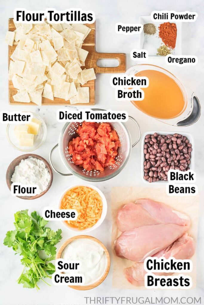 ingredients labeled to make chicken enchiladas with sour cream in a skillet