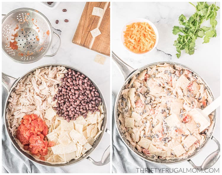 two image collage showing the tortillas, chicken, black beans and diced tomatoes being stirred in the skillet for enchiladas