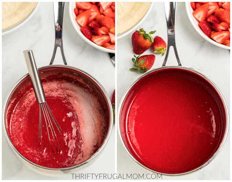 before and after of the strawberry jello being added to the sugar mixture for the filling