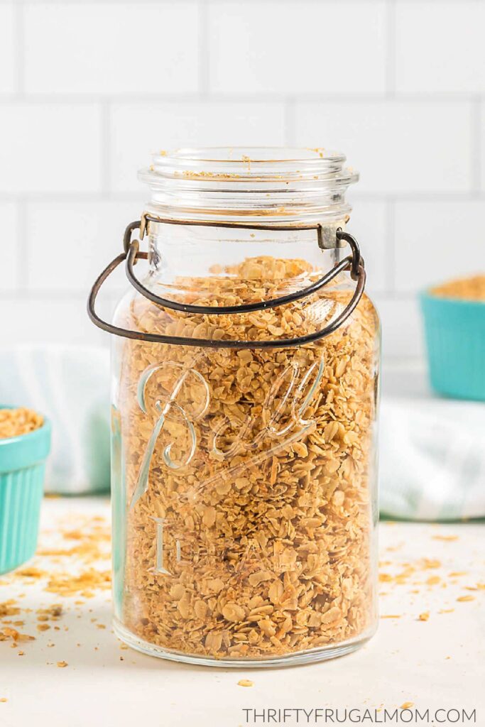homemade granola in a large mason jar with handle