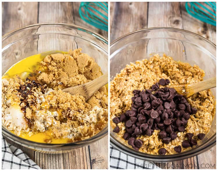 two image collage showing ingredients for baked oatmeal with chocolate chips being combined in a glass mixing bowl