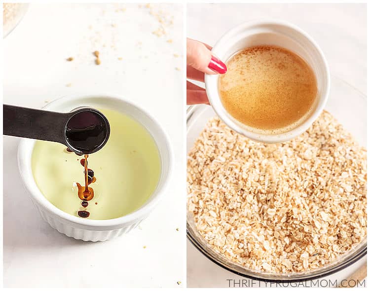 ingredients being added to a white ramekin and poured into oats in a glass bowl