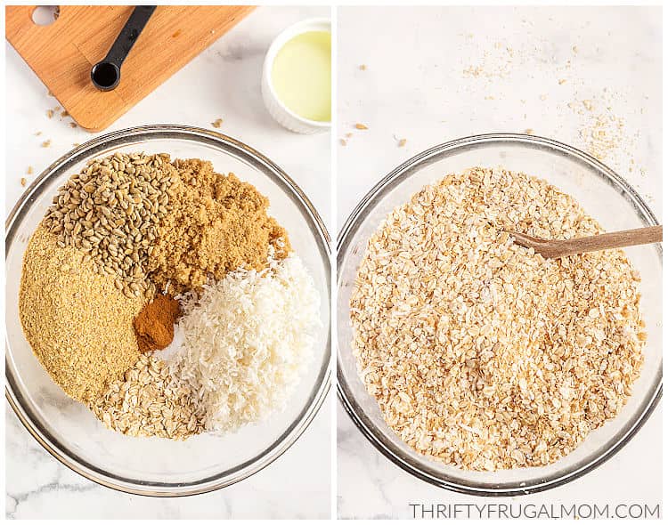 two image collage showing the before and after of the granola being mixed up