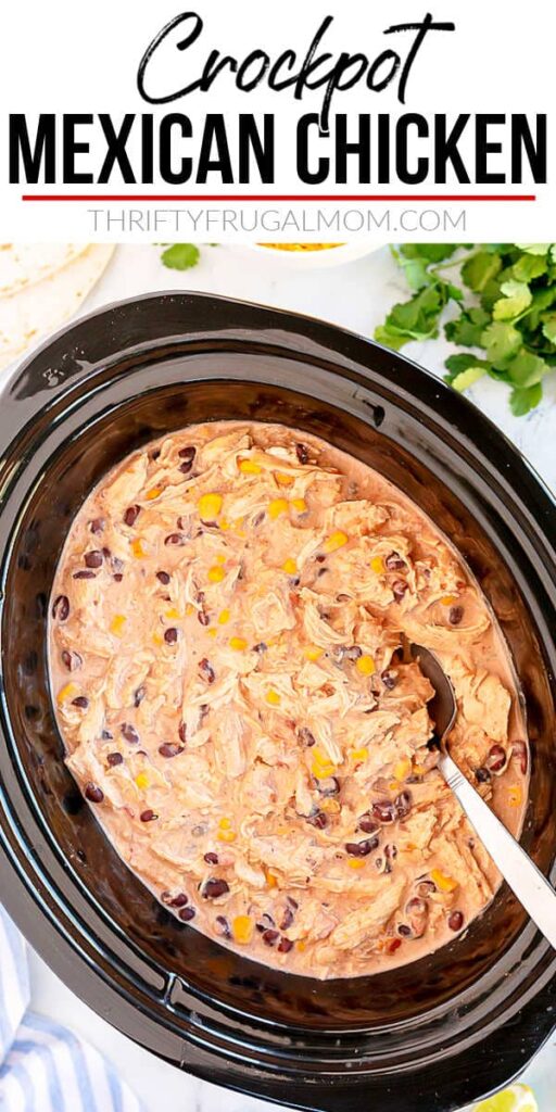 creamy Mexican chicken in the crockpot with a spoon with text overlay