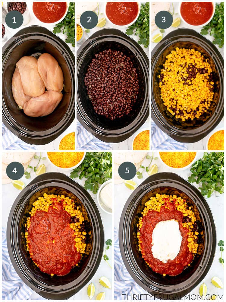 five image collage showing the different steps for making mexican chicken in the crockpot