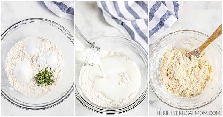 flour, sugar, baking powder, and salt being mixed together in a medium bowl with buttermilk.
