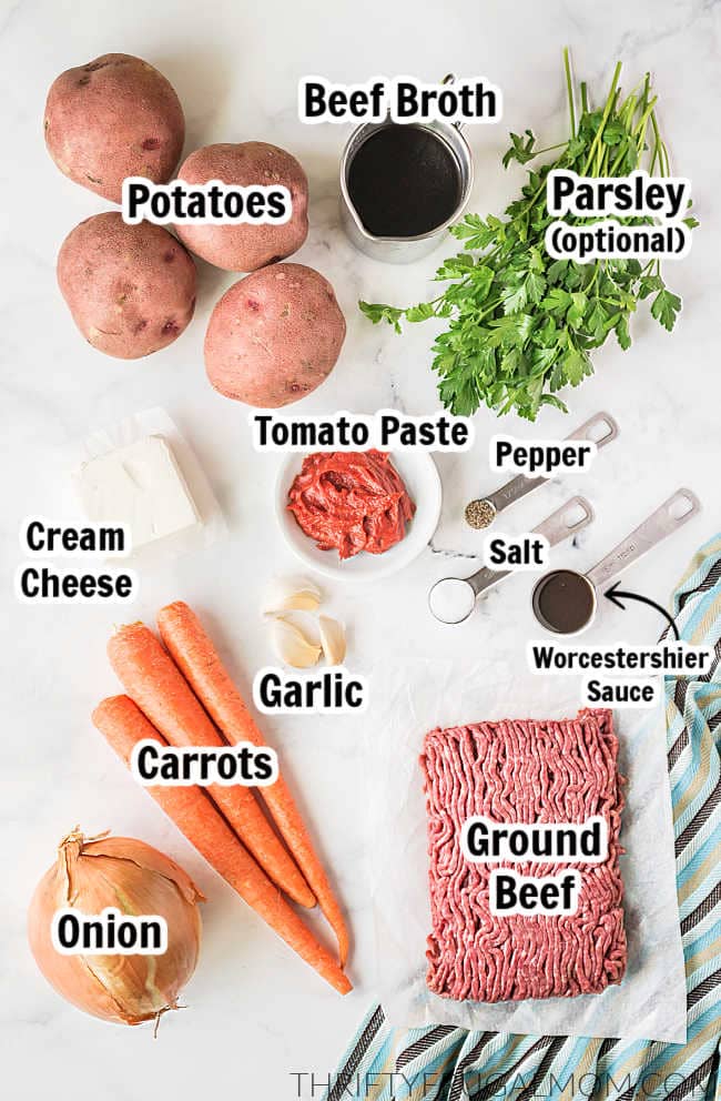 ingredients labeled to make one pan ground beef and potatoes