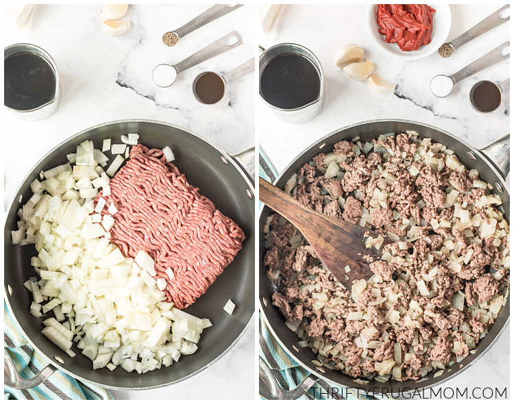 two image collage showing the ground beef being browned with onions