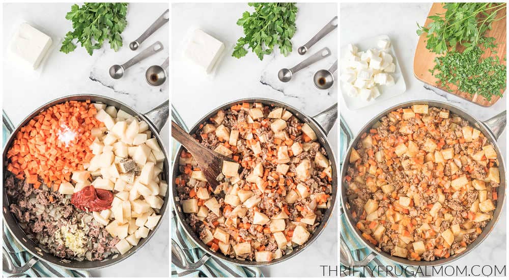 three image collage showing the ingredients being mixed in a skillet to make beef and potatoes