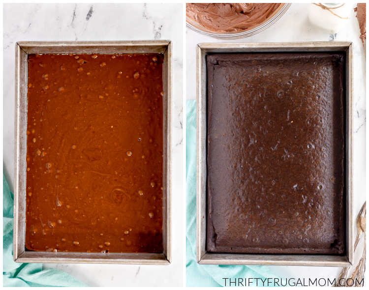 before and after of wacky cake being baked in a 9x13 pan