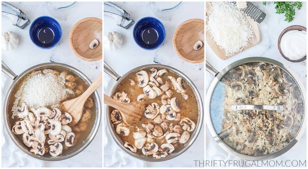 adding the mushrooms, broth, and rice to the skillet with the chicken