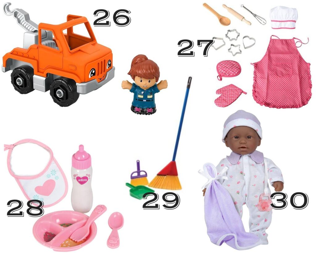 a collage of cheap birthday gifts for kids including a doll, broom set, apron