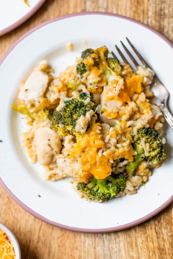 chicken broccoli and rice casserole served on a white plate