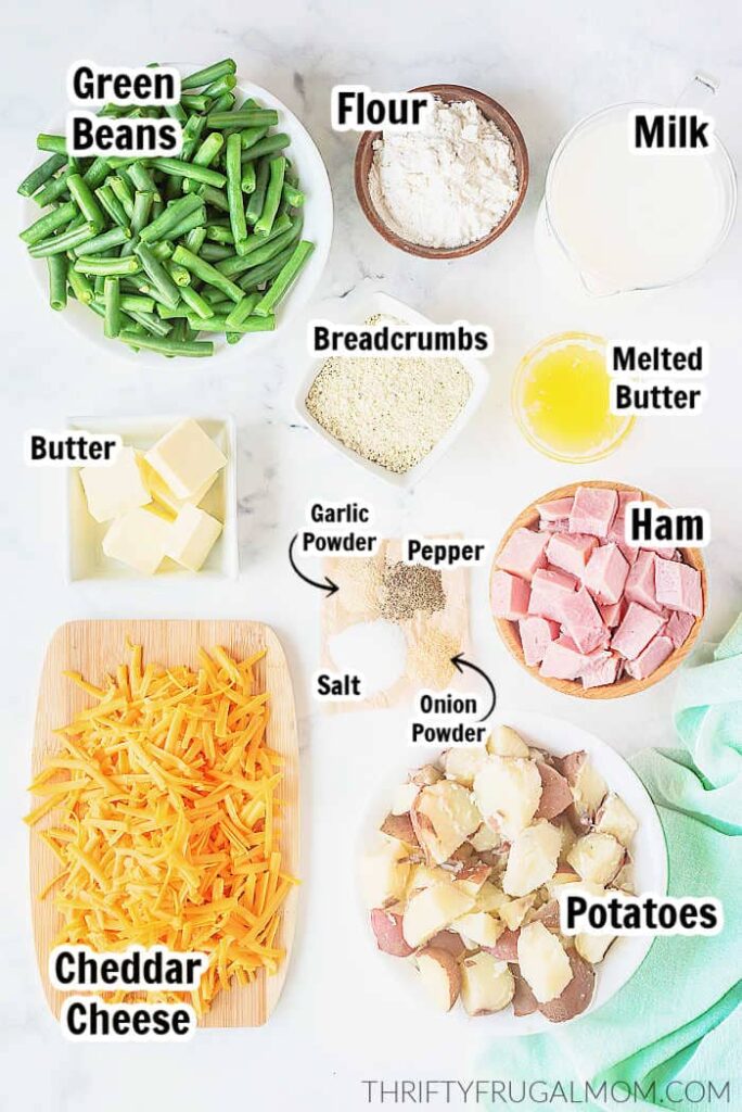 ingredients needed to make ham, potato, and green bean casserole