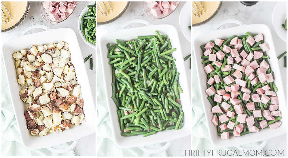 layering the potatoes, green beans, and ham in a white casserole dish