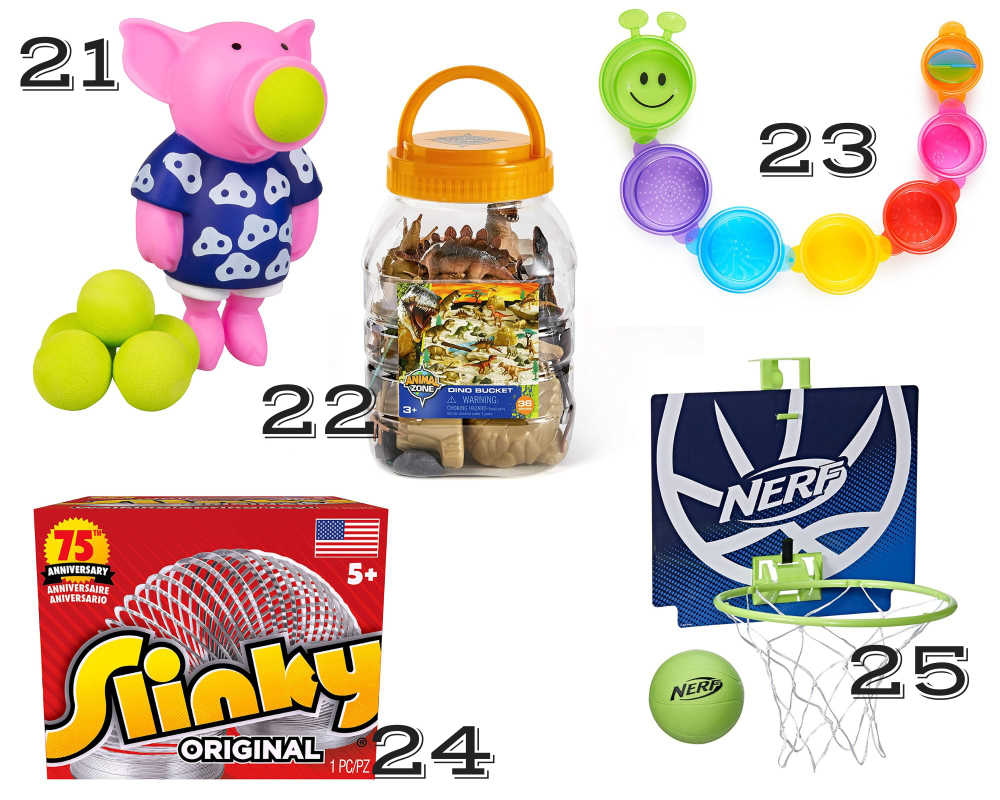 a collage of gifts for kids under $10- includes dinosaurs, basketball hoop and slinky
