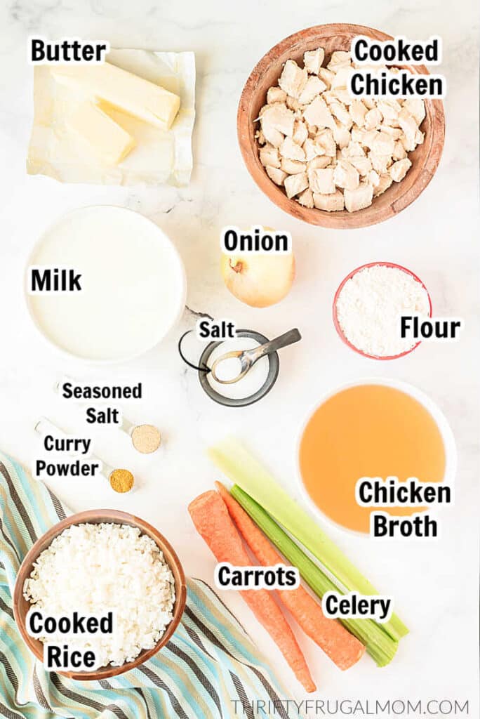 ingredients needed to make easy chicken curry and rice soup