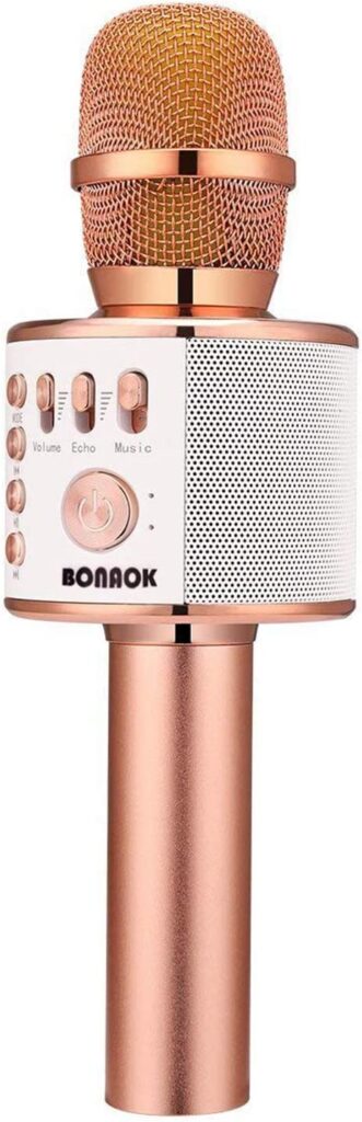 a rose gold karaoke microphone