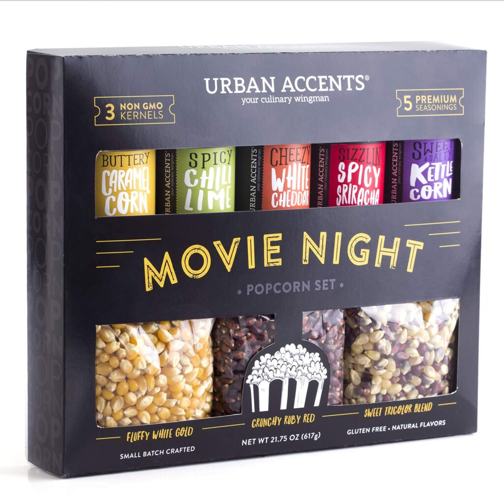 a movie night popcorn kid with various popcorn kernels and seasonings