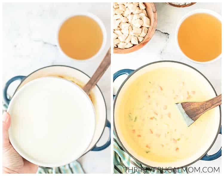 two image collage showing milk being added to the chicken and rice curry soup