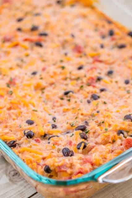 black bean and rice casserole in a glass baking dish