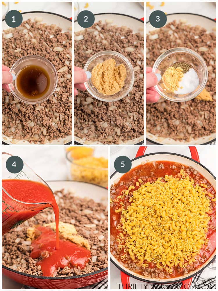 a collage of photos showing the step to make beef macaroni 