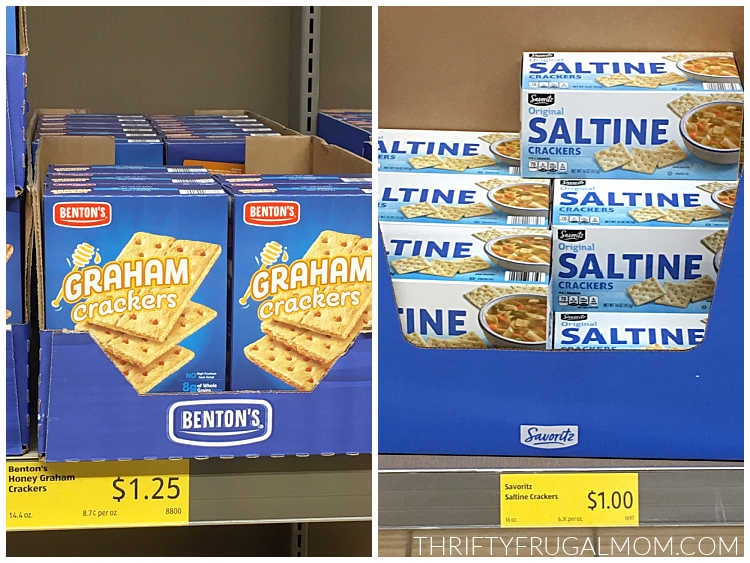 Boxes of graham crackers and Saltines on a shelf at Aldi
