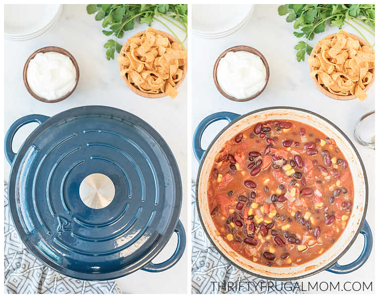 a two image collage with the pot covered then one with the lid off showing the finished mexican bean soup.
