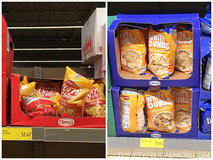 bags pf corn chips and tortilla chips on the shelf at Aldi