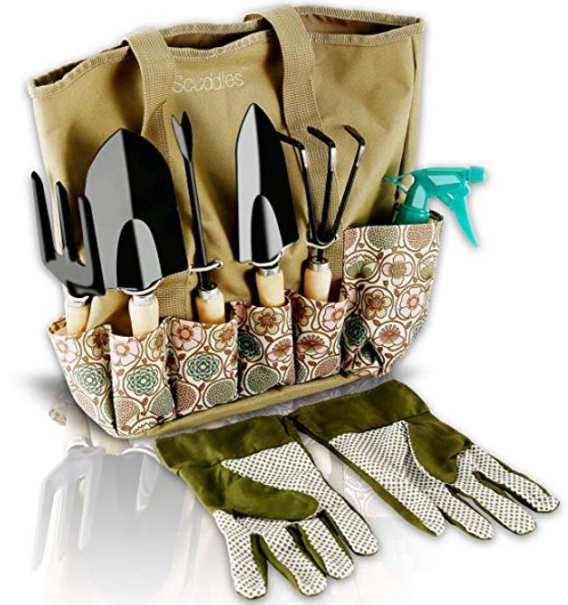 a garden bag with various gardening tools- a great gift idea for women