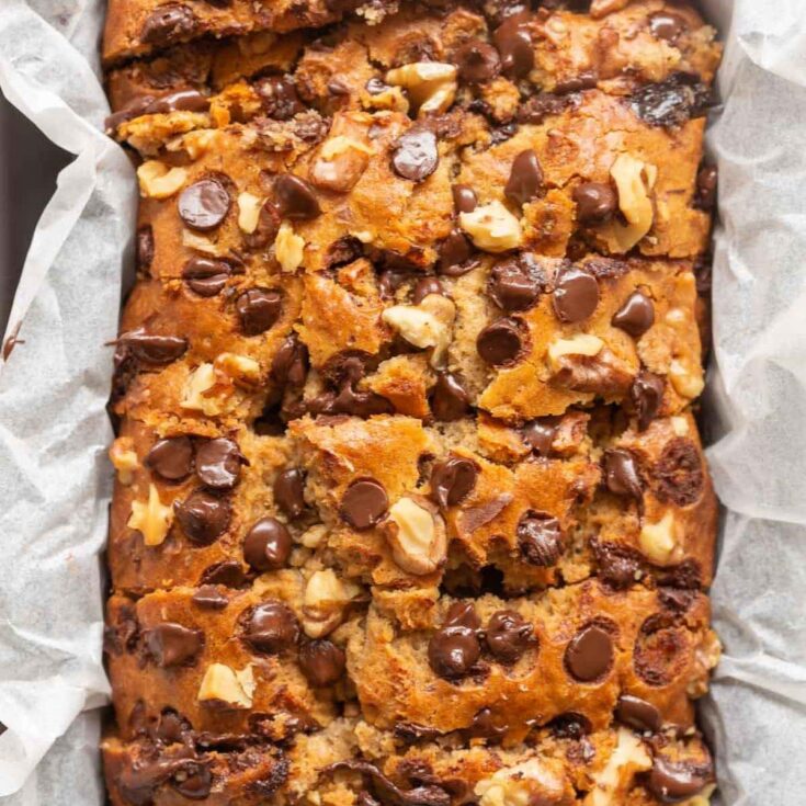 egg free chocolate chip banana bread sliced in a pan
