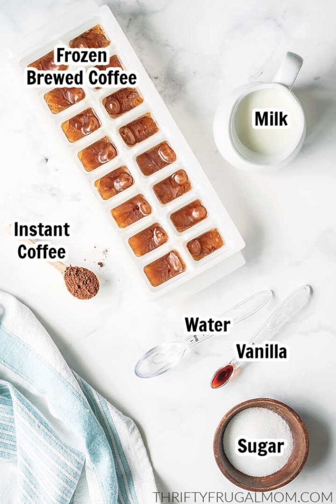 ingredients labeled to make a homemade iced vanilla latte
