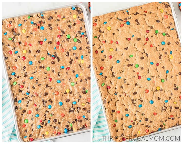 before and after of the monster cookie bars being baked in a large sheet pan.