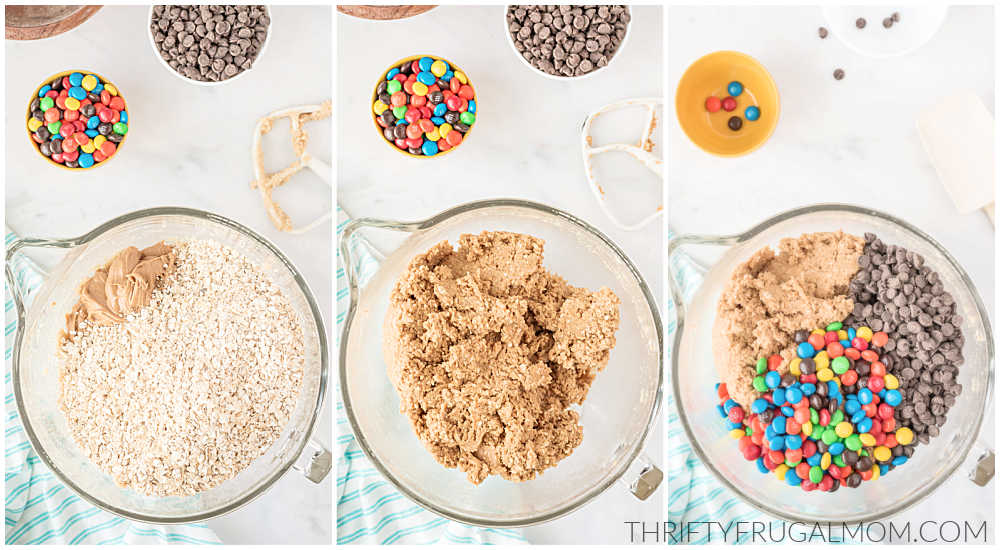 three image collage of the oats, chocolate chips, and m&ms being added to the cookie dough in a glass bowl.