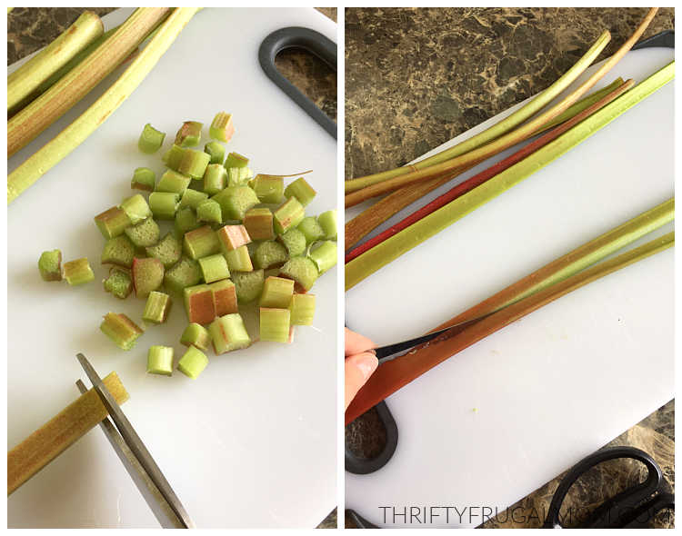 two photos showing how to cut rhubarb to freeze