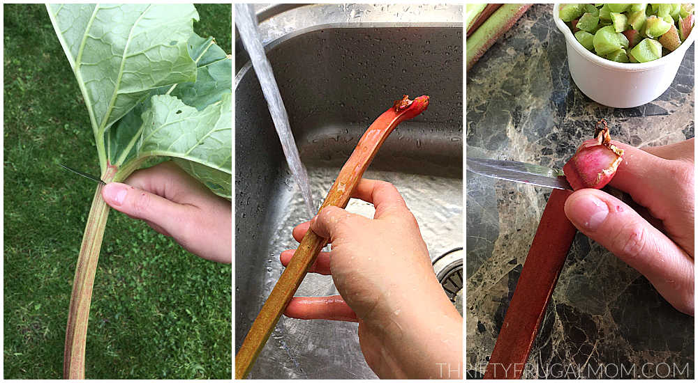 a collage of photos showing how to trim and wash rhubarb to freeze it