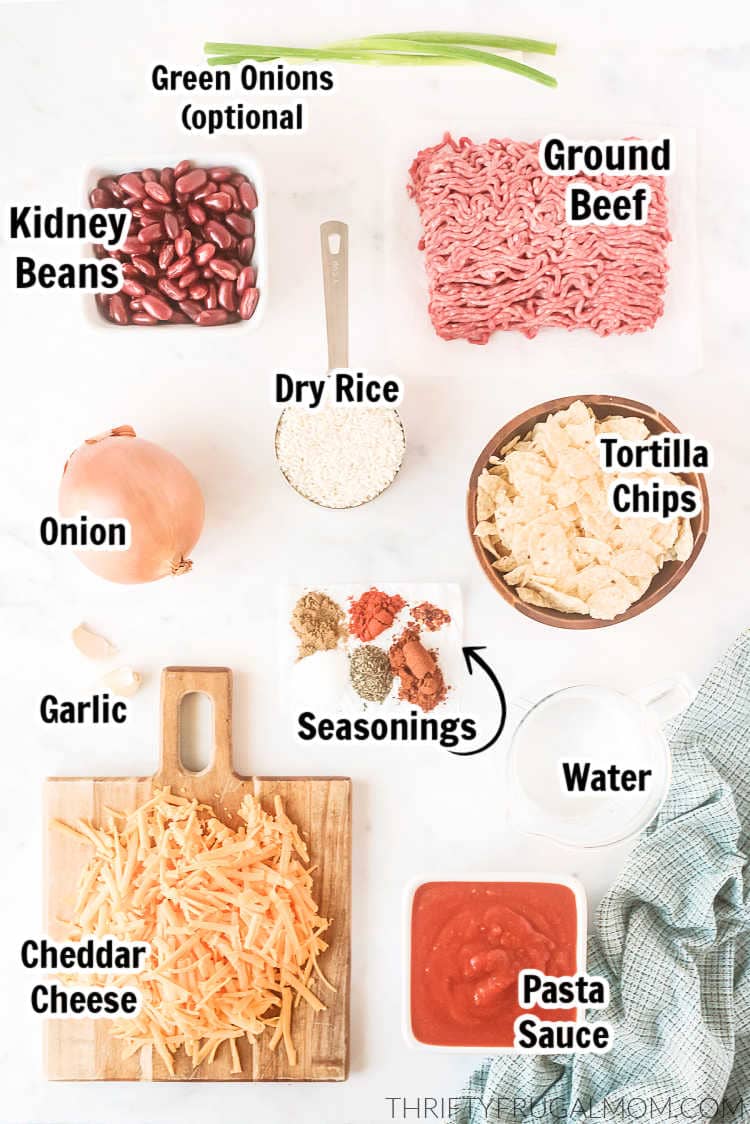 Ingredients labeled to make taco beef skillet.