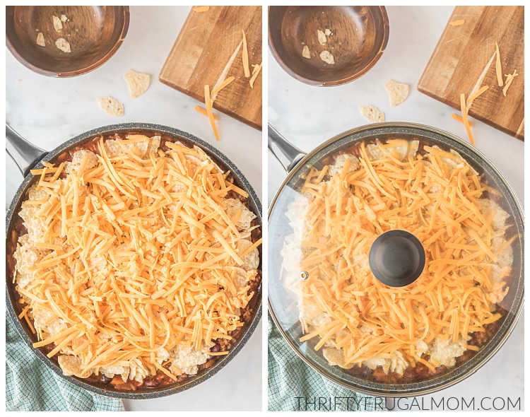 Adding cheese and crushed tortilla chips, then covering the skillet with a lid.