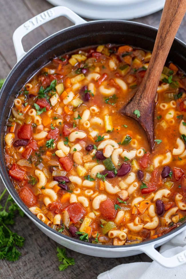 a pot full of Olive Garden copycat Minestrone soup with zucchini