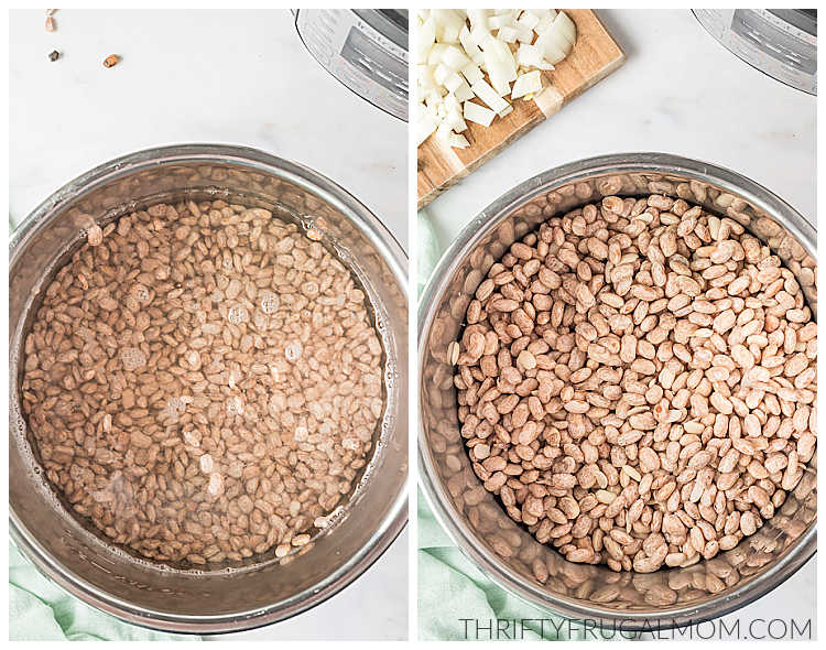 Pinto beans soaking in a pot.