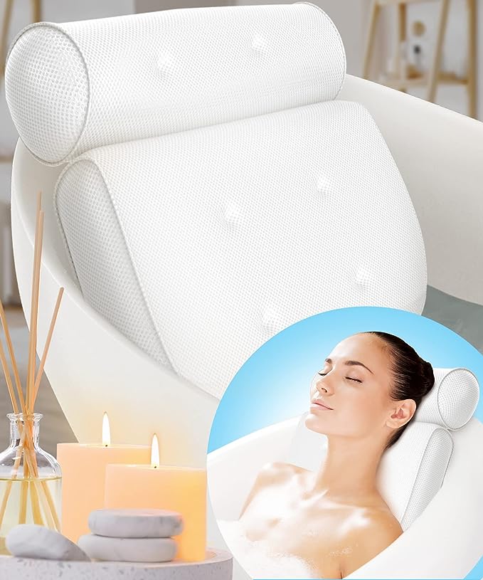 a bath pillow and a lady using it- fun gift for women under $30