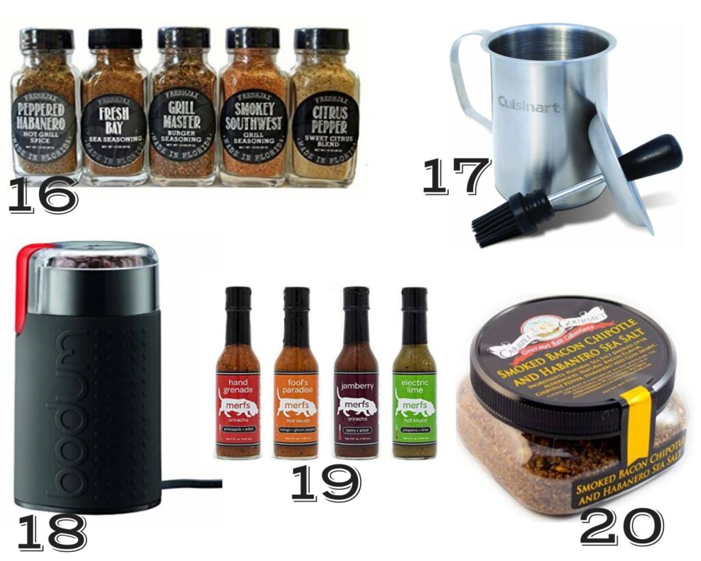 a collage of the best small gifts for men including spices, baster for grilling and coffee grinder
