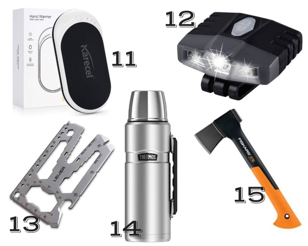 A collage of $30 gift ideas for guys including a thermos, hat light, hand warmer and hatche
