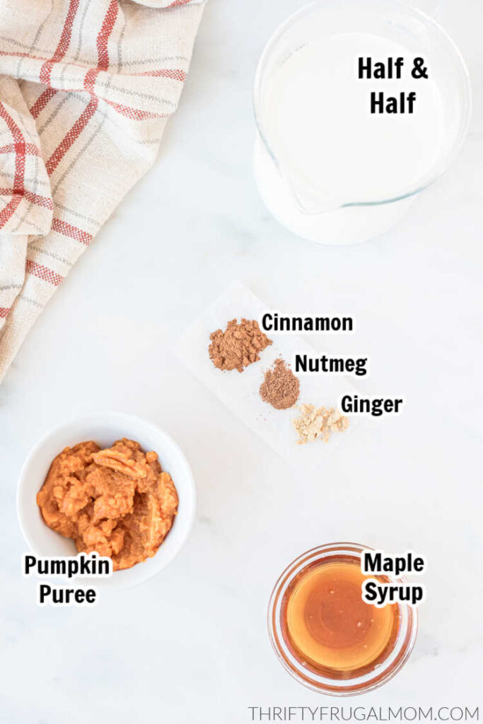 Ingredients labeled to make homemade pumpkin spice creamer.