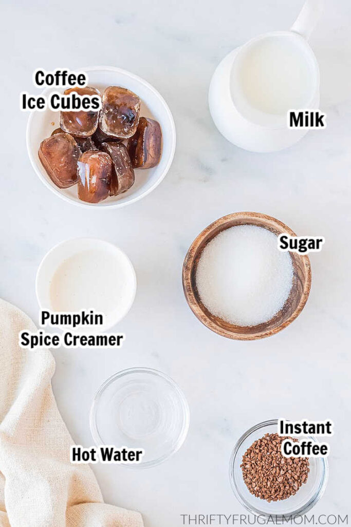 Ingredients labeled to make a homemade pumpkin spiced latte.